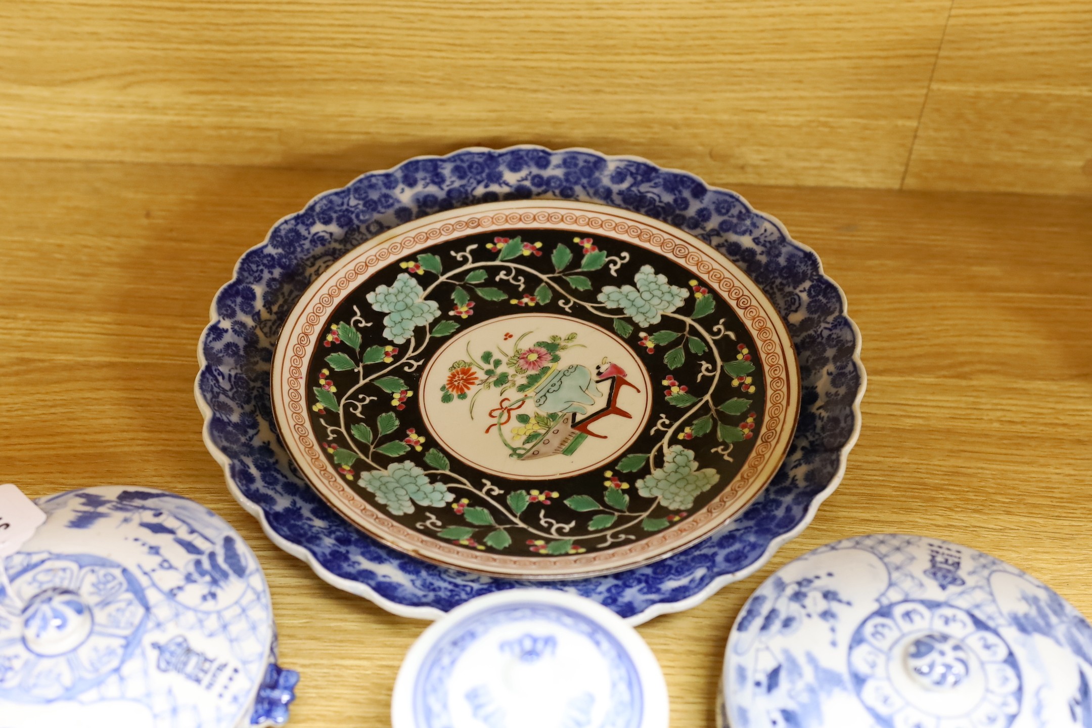 An early 20th century Chinese blue and white prunus vase, group of Chinese, Japanese porcelain Rex Hotel tureens, soapstone wine pot etc